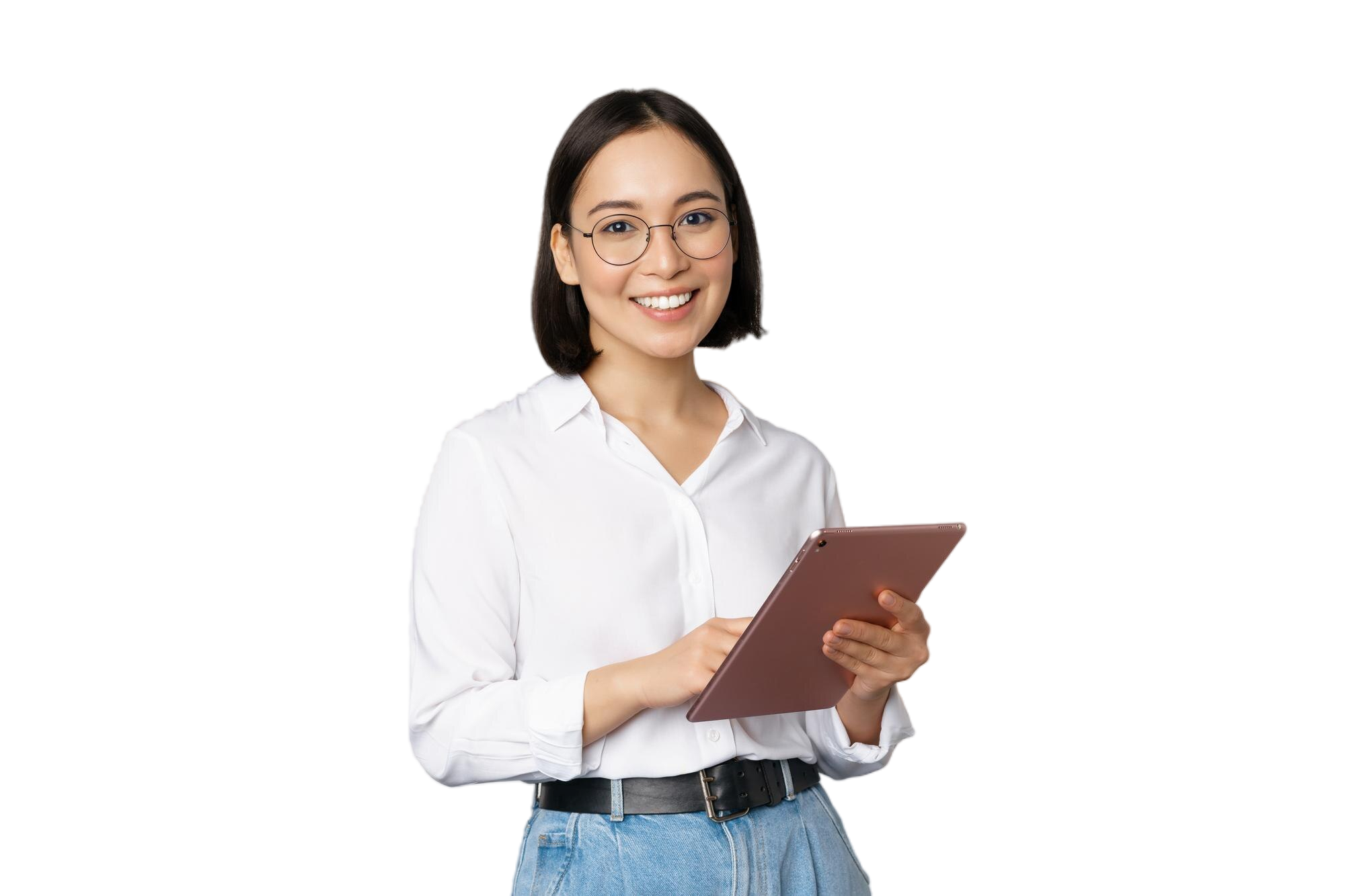 image-young-asian-woman-company-worker-glasses-smiling-holding-digital-tablet-standing-white-background